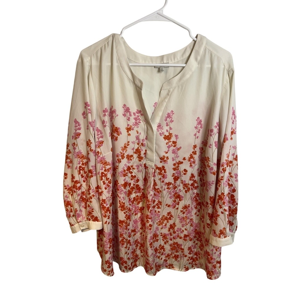 Talbots Blouse W 3X White Pink Floral Print V-Neck 3/4 Sleeve Tunic Top Office